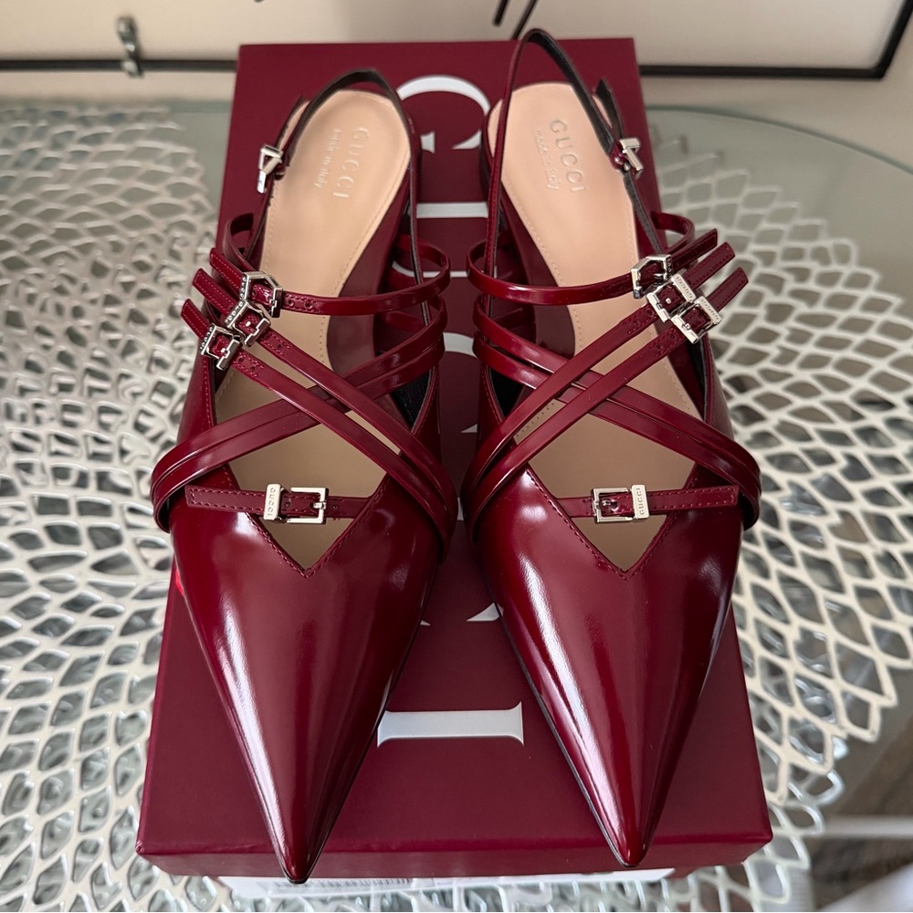 Gucci Seraphine Burgundy Leather Strappy Flat Slingback Shoe sz 37.5 New in Box - Picture 7 of 15